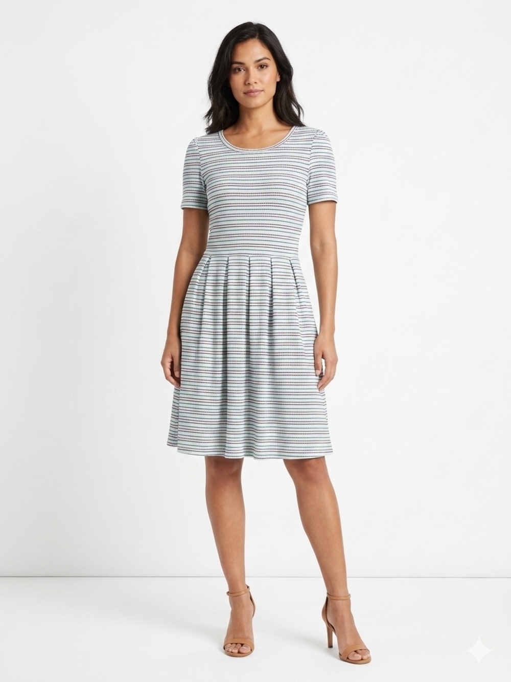 Striped Short-Sleeve A-Line Dress - White & Light Blue